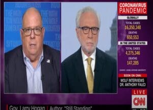 Gov. Larry Hogan has been making the rounds of cable news and radio talk shows to promote his new book. Here is with CNN's Wolf Blitzer. Screen shot.