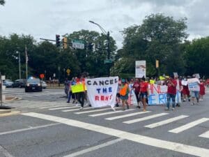 "Cancel the rent" protesters marching down Rowe Boulevard toward the State House and governor's mansion in Annapolis earlier this summer. Photo by Bennett Leckrone